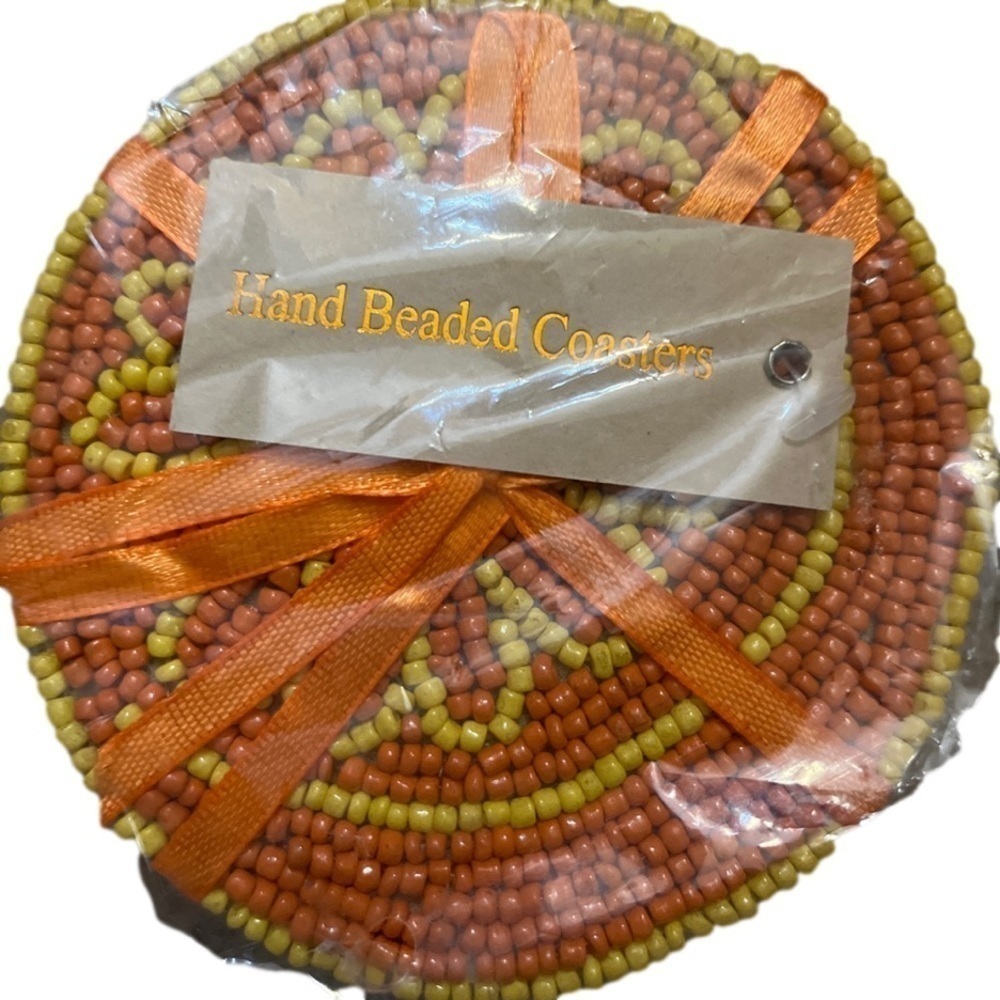 Set of Four Orange and Yellow Hand Beaded Coasters